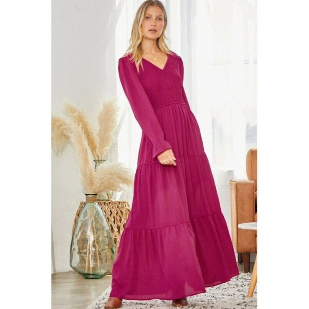 ANDREE BY UNIT Magenta V-Neck Long Sleeve Tiered Maxi Dress - Picture 3 of 6